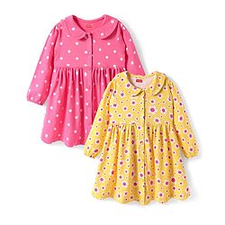 Babyhug Single Jersey Knit Full Sleeves Peter Pan Collared Polka Dots & Floral Printed Flared Dress Pack of 2 - Yellow & Pink