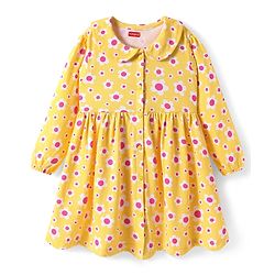 Babyhug Single Jersey Knit Full Sleeves Peter Pan Collared Polka Dots & Floral Printed Flared Dress Pack of 2 - Yellow & Pink