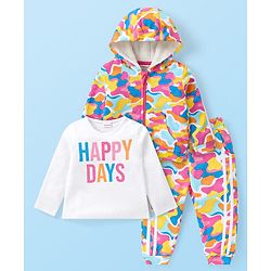 Babyhug Terry Knit Full Sleeves Hooded Sweatjacket & Joggers Set with T-Shirt Camo & Text Print - Multicolour