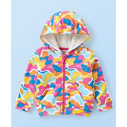 Babyhug Terry Knit Full Sleeves Hooded Sweatjacket & Joggers Set with T-Shirt Camo & Text Print - Multicolour