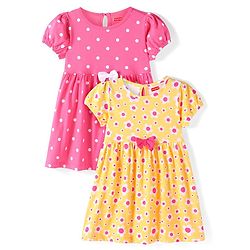 Babyhug Single Jersey Knit Half Sleeves Frocks With Bow Applique & Floral Print Pack Of 2 - Pink & Yellow