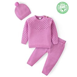Babyhug Cotton Knit Full Sleeves Pullover Sweater Set With Cable Knit Design & Cap - Mauve