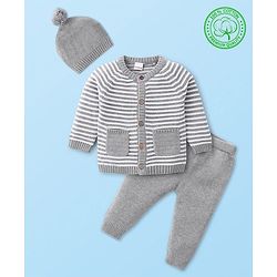 Babyhug Knitted Full Raglan Sleeves Front Open Striped  Hooded Sweater Set with Cap & Pockets - Light Grey