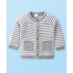 Babyhug Knitted Full Raglan Sleeves Front Open Striped  Hooded Sweater Set with Cap & Pockets - Light Grey