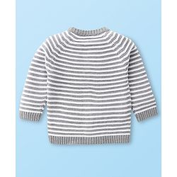 Babyhug Knitted Full Raglan Sleeves Front Open Striped  Hooded Sweater Set with Cap & Pockets - Light Grey