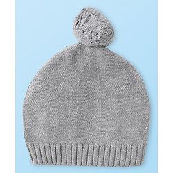 Babyhug Knitted Full Raglan Sleeves Front Open Striped  Hooded Sweater Set with Cap & Pockets - Light Grey