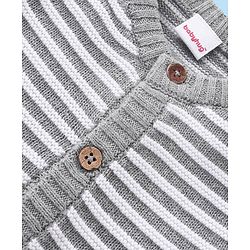Babyhug Knitted Full Raglan Sleeves Front Open Striped  Hooded Sweater Set with Cap & Pockets - Light Grey