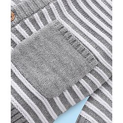 Babyhug Knitted Full Raglan Sleeves Front Open Striped  Hooded Sweater Set with Cap & Pockets - Light Grey
