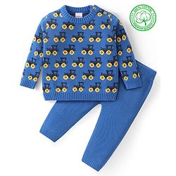 Babyhug Cotton Knit Full Sleeves Sweater Set With Vehicle Design - Blue