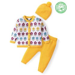 Babyhug Cotton Knit Full Sleeves Front Open Sweater Set With Floral Design & Cap - Yellow