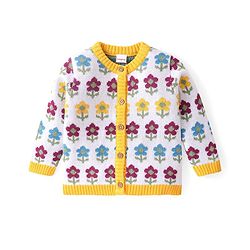 Babyhug Cotton Knit Full Sleeves Front Open Sweater Set With Floral Design & Cap - Yellow