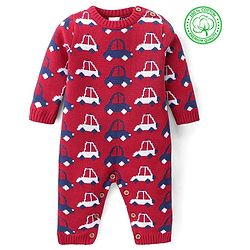 Babyhug Cotton Knit Full Sleeves Winter Wear Romper with Vehicles Print - Red