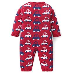 Babyhug Cotton Knit Full Sleeves Winter Wear Romper with Vehicles Print - Red