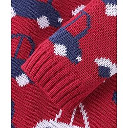 Babyhug Cotton Knit Full Sleeves Winter Wear Romper with Vehicles Print - Red