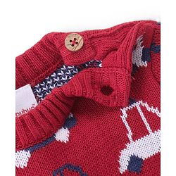Babyhug Cotton Knit Full Sleeves Winter Wear Romper with Vehicles Print - Red