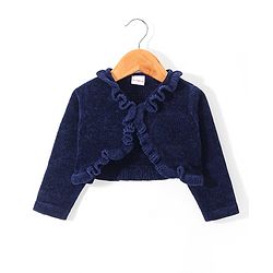 Babyhug Knitted Full Sleeves Shimmered Shrug with Frill Detailing - Navy Blue