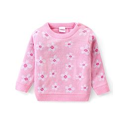Babyhug Knitted Full Sleeves Pullover Sweater Set with Floral Design - Pink