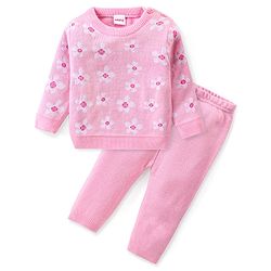 Babyhug Knitted Full Sleeves Pullover Sweater Set with Floral Design - Pink
