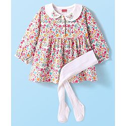 Babyhug Single Jersey Knit Full Sleeves Floral Printed Frock With Peter Pan Collar & Stockings - White