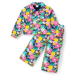 Babyhug Cotton Knit Full Sleeves Floral Printed Shirt Style Top & Lounge Pants Co-Ord Set - Multicolor
