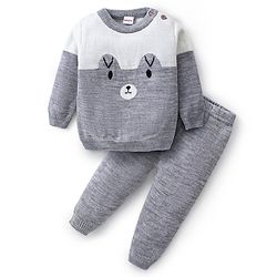 Babyhug Knitted Full Sleeves Pullover Sweater Set with Teddy Bear Design - Grey & White