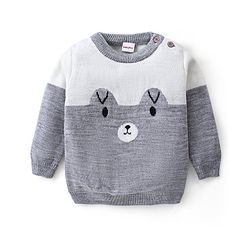 Babyhug Knitted Full Sleeves Pullover Sweater Set with Teddy Bear Design - Grey & White