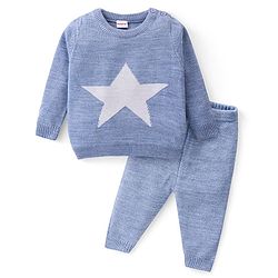 Babyhug Knitted Full Sleeves Pullover Sweater Set With Star Design - Aqua Blue