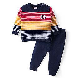 Babyhug Knitted Full Sleeves Pullover Sweater Set With Stripes Design - Multi Colour