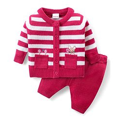 Babyhug Knitted Full Sleeves Front Open Sweater Set With Stripes & Floral Embroidery - Pink