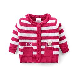 Babyhug Knitted Full Sleeves Front Open Sweater Set With Stripes & Floral Embroidery - Pink
