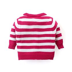 Babyhug Knitted Full Sleeves Front Open Sweater Set With Stripes & Floral Embroidery - Pink