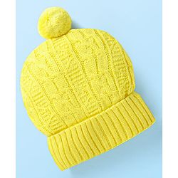 Babyhug Knit Woollen Cap With Pom Pom Applique - Yellow