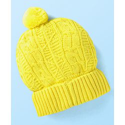 Babyhug Knit Woollen Cap With Pom Pom Applique - Yellow