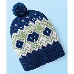 Babyhug Knit Woollen Cap With Pom Pom Applique & Argyle Design - Navy Blue