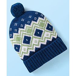 Babyhug Knit Woollen Cap With Pom Pom Applique & Argyle Design - Navy Blue