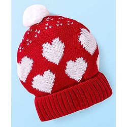 Babyhug Knit Woollen Cap With Pom Pom Applique & Heart Design - Red
