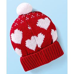 Babyhug Knit Woollen Cap With Pom Pom Applique & Heart Design - Red