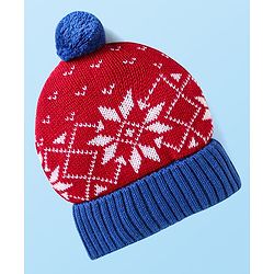 Babyhug Knit Woollen Cap With Pom Pom Applique & Design - Red