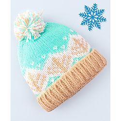 Babyhug Cable Knit Design Woollen Cap with Pom Pom Green & Beige - Diameter 20cm