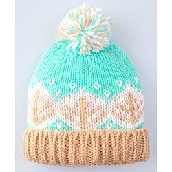 Babyhug Cable Knit Design Woollen Cap with Pom Pom Green & Beige - Diameter 20cm