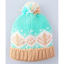 Babyhug Cable Knit Design Woollen Cap with Pom Pom Green & Beige - Diameter 20cm