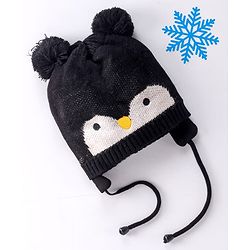 Babyhug Penguin Design Woollen Cap with Knot - Black