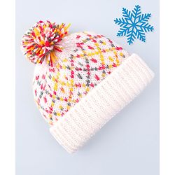 Babyhug Cable Knit Design Woollen Cap with Pom Pom - White & Red