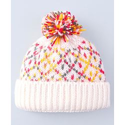 Babyhug Cable Knit Design Woollen Cap with Pom Pom - White & Red