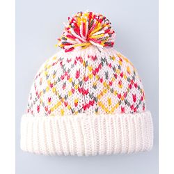 Babyhug Cable Knit Design Woollen Cap with Pom Pom - White & Red