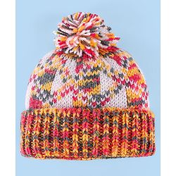 Babyhug Knitted Woollen Design Cap with Pom Pom Detailing - White & Red