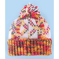 Babyhug Knitted Woollen Design Cap with Pom Pom Detailing - White & Red