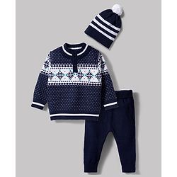 Babyhug 100% Cotton Knit Full Sleeves Floral Printed Sweater Set With Cap - Navy Blue