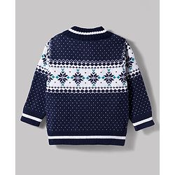 Babyhug 100% Cotton Knit Full Sleeves Floral Printed Sweater Set With Cap - Navy Blue