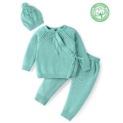 Babyhug Knitted Full Sleeves Side Tie Up Sweater Set with Cap - Aqua Blue